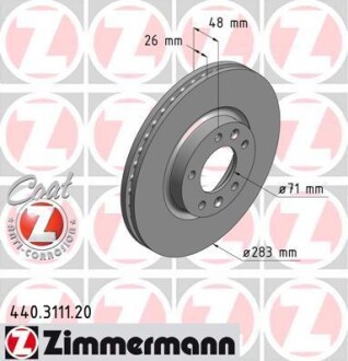 Диск тормозной (передний) Peugeot 407 04-10/Opel Combo 18-/508 10-18 (283x26) (с покр.) (вентилированный) ZIMMERMANN 440.3111.20