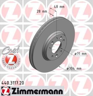 Диск тормозной (передний) Fiat Scudo/Citroen Jumpy/C5 II/III/Peugeot 407 07- (304x28) (с покр)(вент) ZIMMERMANN 440.3117.20