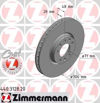 Диск тормозной (передний) Citroen Picasso II/Peugeot 308/5008 13-/Opel Combo 18-(304x28) (вентил.) ZIMMERMANN 440.3128.20