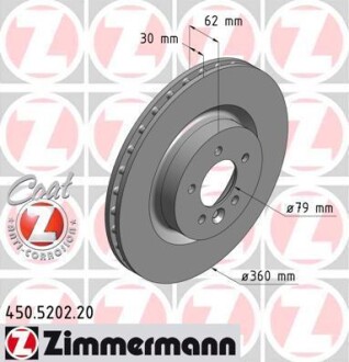 Диск гальмівний (передній) Land Rover Discovery IV 09-/Range Rover Sport 09-13 (360x30)(з покр)(вент) ZIMMERMANN 450.5202.20