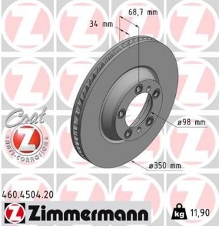 Диск тормозной (передний) Porsche Cayenne/Panamera 2.9/3.0/4.0 16-(L) (350x34) ZIMMERMANN 460.4504.20