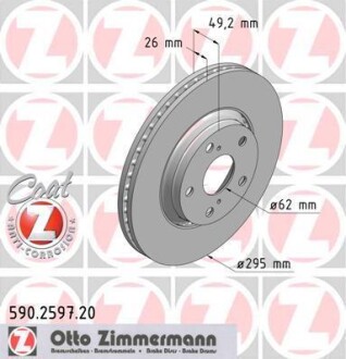 Диск тормозной (передний) Toyota Avensis 09-18 (295x26) (с покрытием) (вентилированный) ZIMMERMANN 590.2597.20