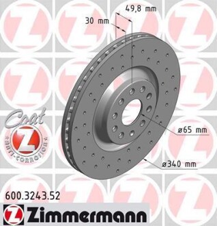 Диск тормозной (передний) Audi A3/Skoda Octavia/VW Golf 13-/Passat 08- (340x30)(отверстие) (вент) ZIMMERMANN 600.3243.52